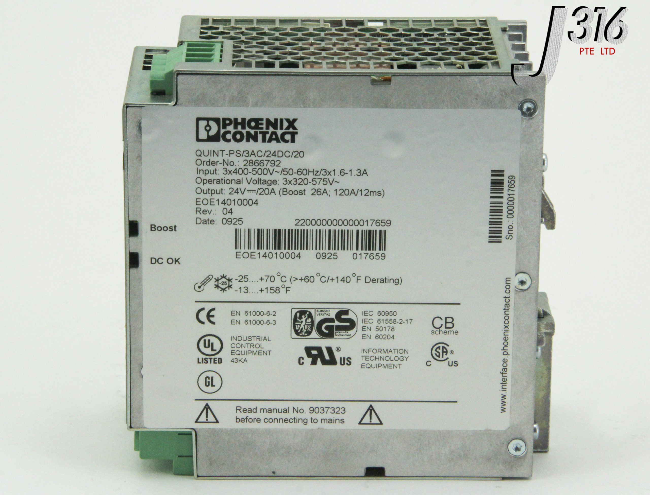 インバーター 9385 PHOENIX CONTACT POWER SUPPLY, O/P 24VDC 20A, 2866792 QUINT-PS